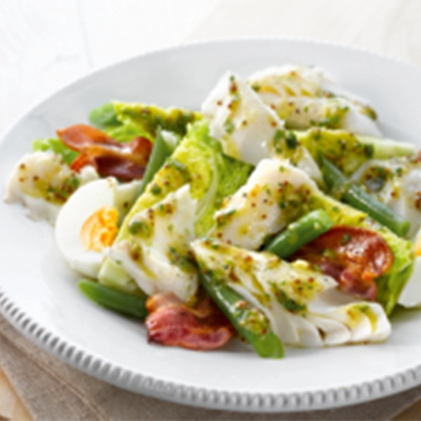 Grilled Haddock with a Salad of Baby Gem, Egg and Crispy Bacon